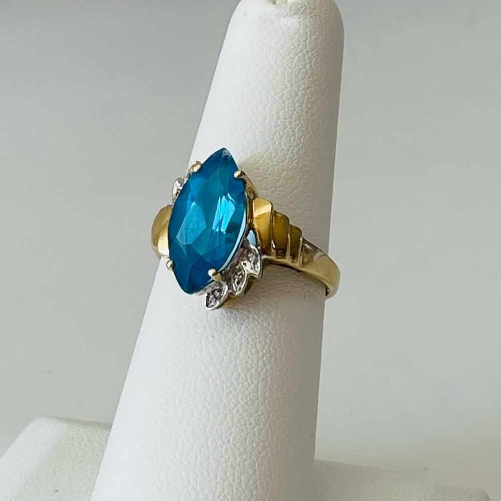 14K Yellow Gold Marquise Blue Topaz Diamond Anniversary Cocktail Statement Sz 7